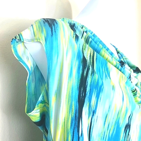 Tank top cowl neck stretch gathered sides blue yellow black abstract print EUC - Picture 5 of 9